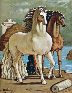 Cheval œuvres - deux chevaux par un lac Giorgio de Chirico